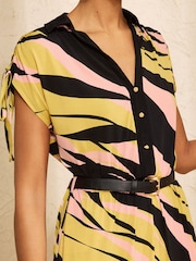Love & Roses Lime Green Zebra Print Jersey Ruched Shoulder Belted Midi Dress - Image 2 of 4