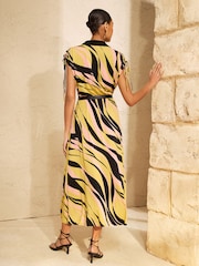 Love & Roses Lime Green Zebra Print Jersey Ruched Shoulder Belted Midi Dress - Image 4 of 4