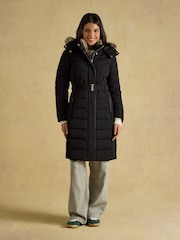 Joules Aspen Black Showerproof Longline Padded Coat with Faux Fur Hood - Image 1 of 13