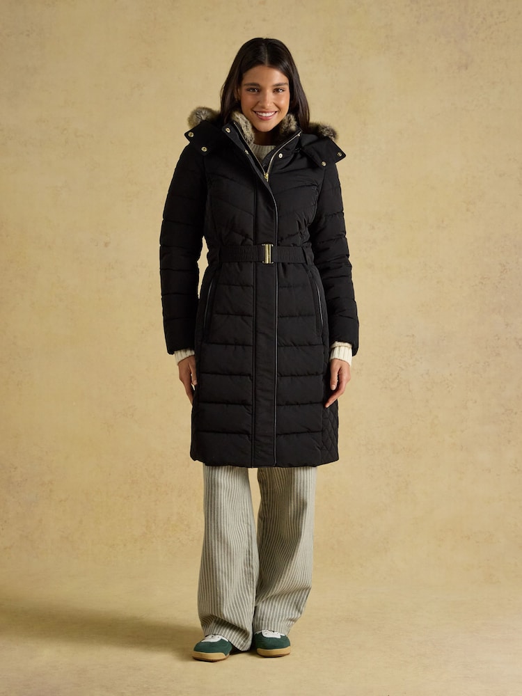 Joules Aspen Black Showerproof Longline Padded Coat with Faux Fur Hood - Image 1 of 13 Joules Aspen Black Showerproof Longline Padded Coat with Faux Fur Hood - Image 1 of 13