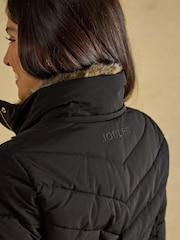 Joules Aspen Black Showerproof Longline Padded Coat with Faux Fur Hood - Image 10 of 13