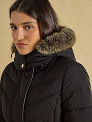 Joules Aspen Black Showerproof Longline Padded Coat with Faux Fur Hood - Image 11 of 13