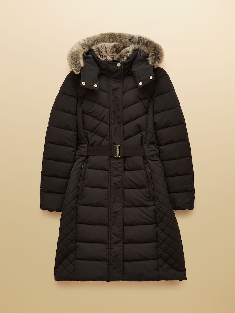 Joules Aspen Black Showerproof Longline Padded Coat with Faux Fur Hood - Image 13 of 13 Joules Aspen Black Showerproof Longline Padded Coat with Faux Fur Hood - Image 13 of 13