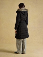 Joules Aspen Black Showerproof Longline Padded Coat with Faux Fur Hood - Image 2 of 13