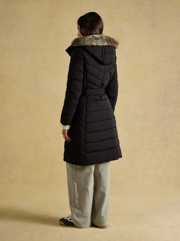 Joules Aspen Black Showerproof Longline Padded Coat with Faux Fur Hood - Image 2 of 13 Joules Aspen Black Showerproof Longline Padded Coat with Faux Fur Hood - Image 2 of 13