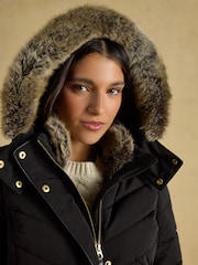 Joules Aspen Black Showerproof Longline Padded Coat with Faux Fur Hood - Image 3 of 13