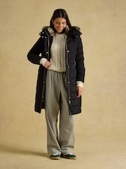 Joules Aspen Black Showerproof Longline Padded Coat with Faux Fur Hood - Image 5 of 13