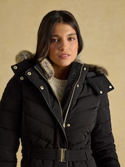 Joules Aspen Black Showerproof Longline Padded Coat with Faux Fur Hood - Image 6 of 13