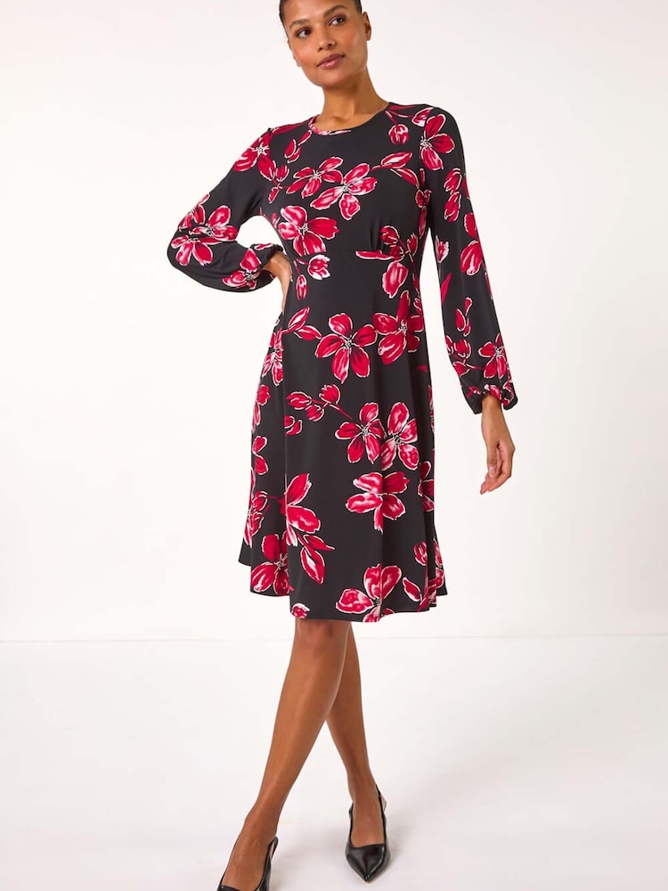 Roman Red Floral Print Tea Stretch Dress - Image 1 of 5 Roman Red Floral Print Tea Stretch Dress - Image 1 of 5