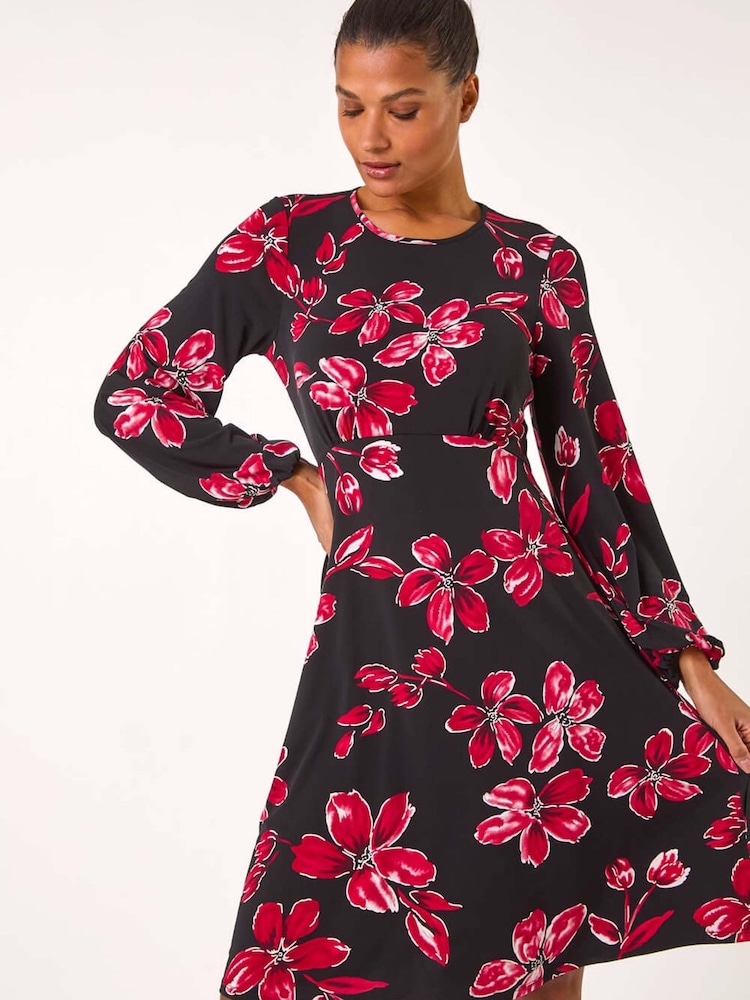 Roman Red Floral Print Tea Stretch Dress - Image 5 of 5 Roman Red Floral Print Tea Stretch Dress - Image 5 of 5