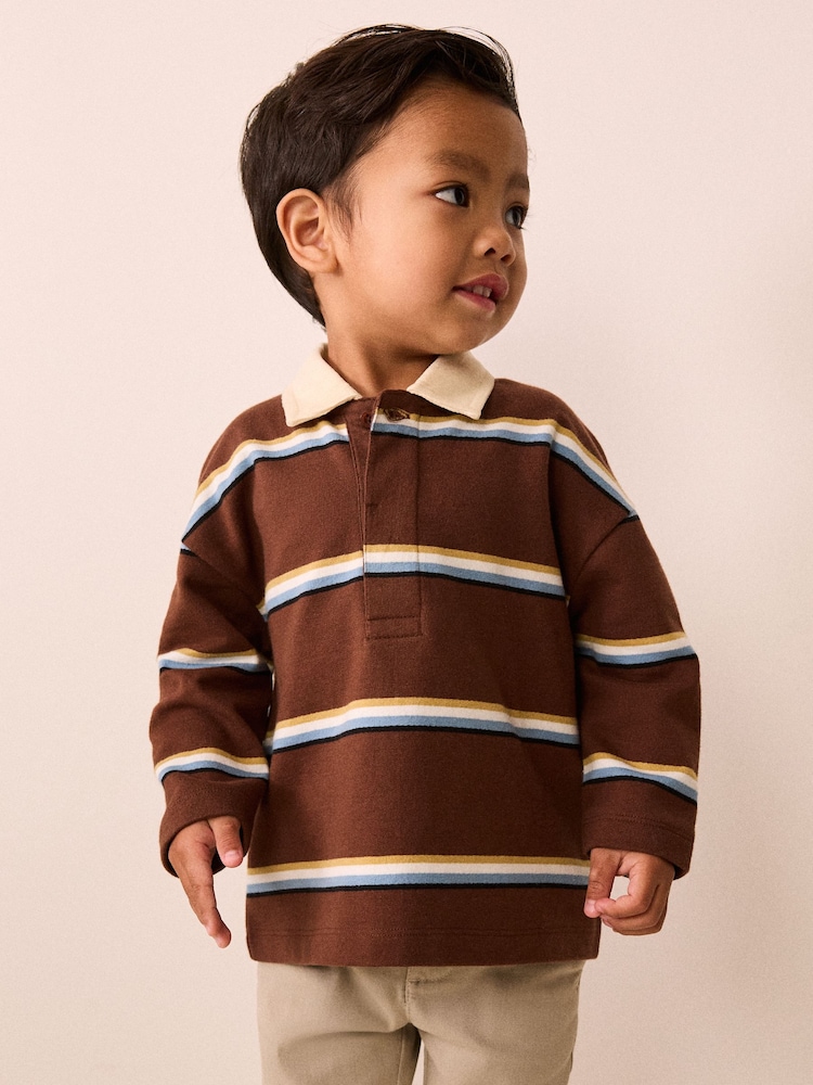 Brown/Cream Long Sleeve Rugby Polo Top (3mths-7yrs) - Image 1 of 3 Brown/Cream Long Sleeve Rugby Polo Top (3mths-7yrs) - Image 1 of 3