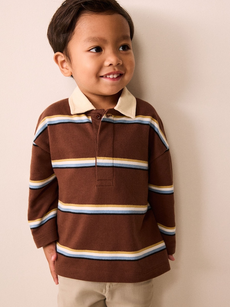 Brown/Cream Long Sleeve Rugby Polo Top (3mths-7yrs) - Image 2 of 3 Brown/Cream Long Sleeve Rugby Polo Top (3mths-7yrs) - Image 2 of 3