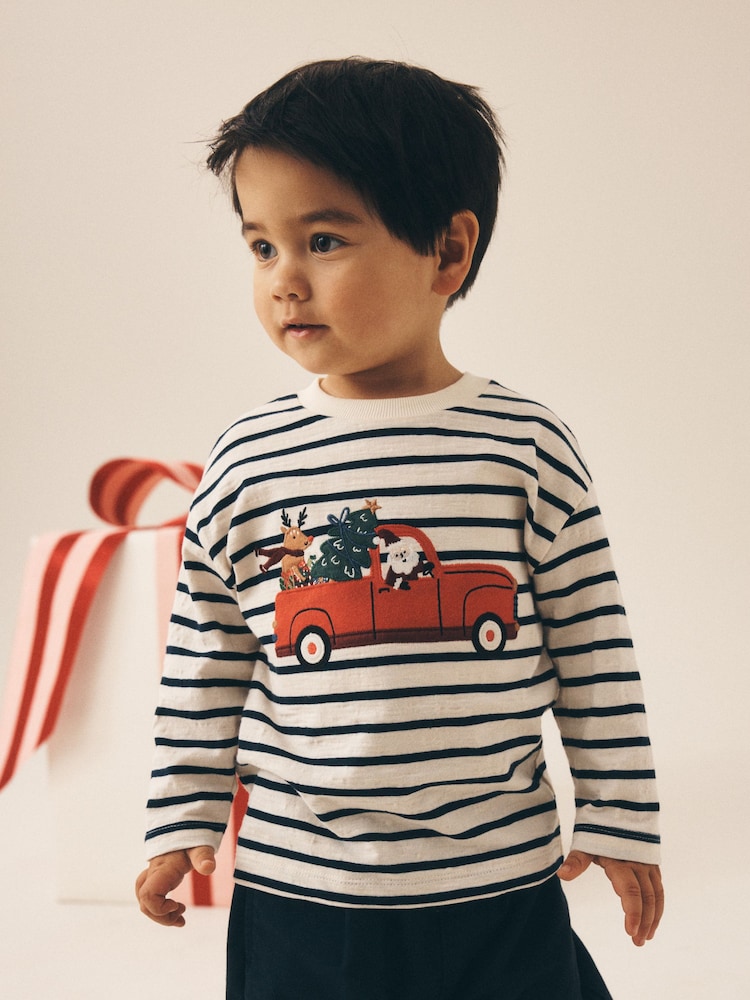 Navy/White Stripe Applique Santa Car - Camiseta navideña de manga larga (3 meses - 7 años) - Imagen 1 de 7 Navy/White Stripe Applique Santa Car - Camiseta navideña de manga larga (3 meses - 7 años) - Imagen 1 de 7
