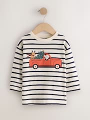 Navy/White Stripe Applique Santa Car - Camiseta navideña de manga larga (3 meses - 7 años) - Imagen 4 de 7