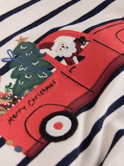 Navy/White Stripe Applique Santa Car - Camiseta navideña de manga larga (3 meses - 7 años) - Imagen 6 de 7
