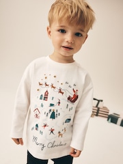 Cream/White Embroidered Scene Long Sleeve Christmas T-Shirt (3mths-7yrs) - Image 1 of 8