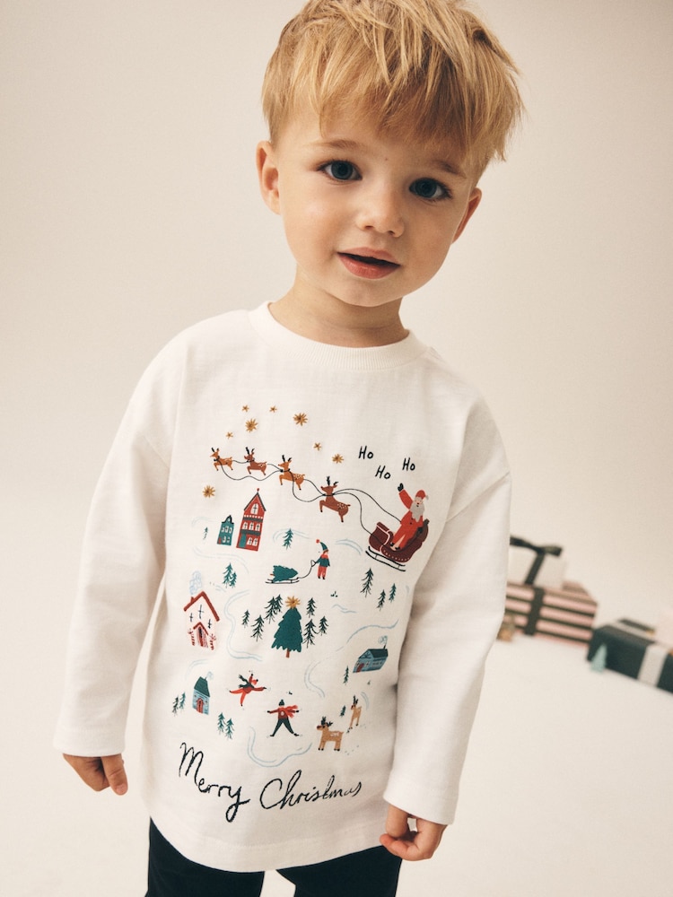 Cream/White Embroidered Scene Long Sleeve Christmas T-Shirt (3mths-7yrs) - Image 1 of 8 Cream/White Embroidered Scene Long Sleeve Christmas T-Shirt (3mths-7yrs) - Image 1 of 8