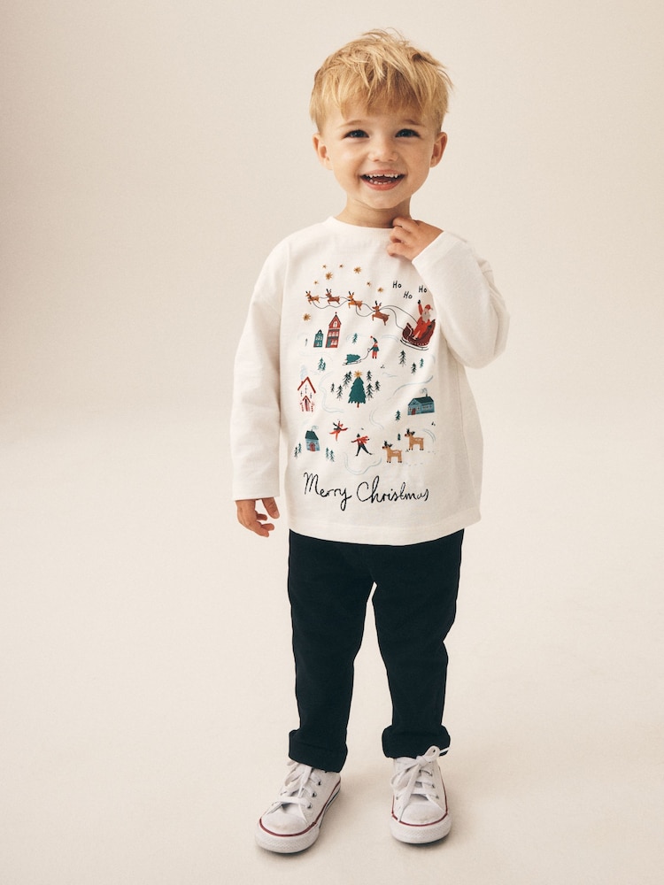 Cream/White Embroidered Scene Long Sleeve Christmas T-Shirt (3mths-7yrs) - Image 2 of 8 Cream/White Embroidered Scene Long Sleeve Christmas T-Shirt (3mths-7yrs) - Image 2 of 8