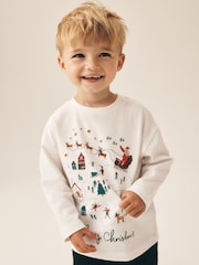Cream/White Embroidered Scene Long Sleeve Christmas T-Shirt (3mths-7yrs) - Image 4 of 8