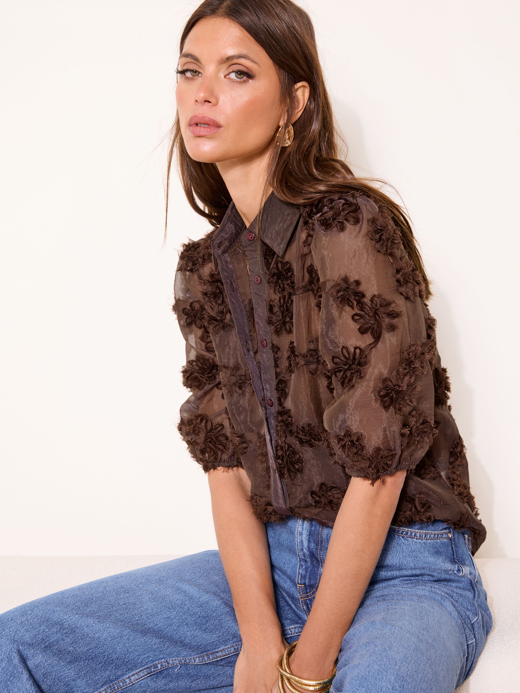 Buy Lipsy Chocolate Brown 3D Fabric Floral Shirt from the Next UK