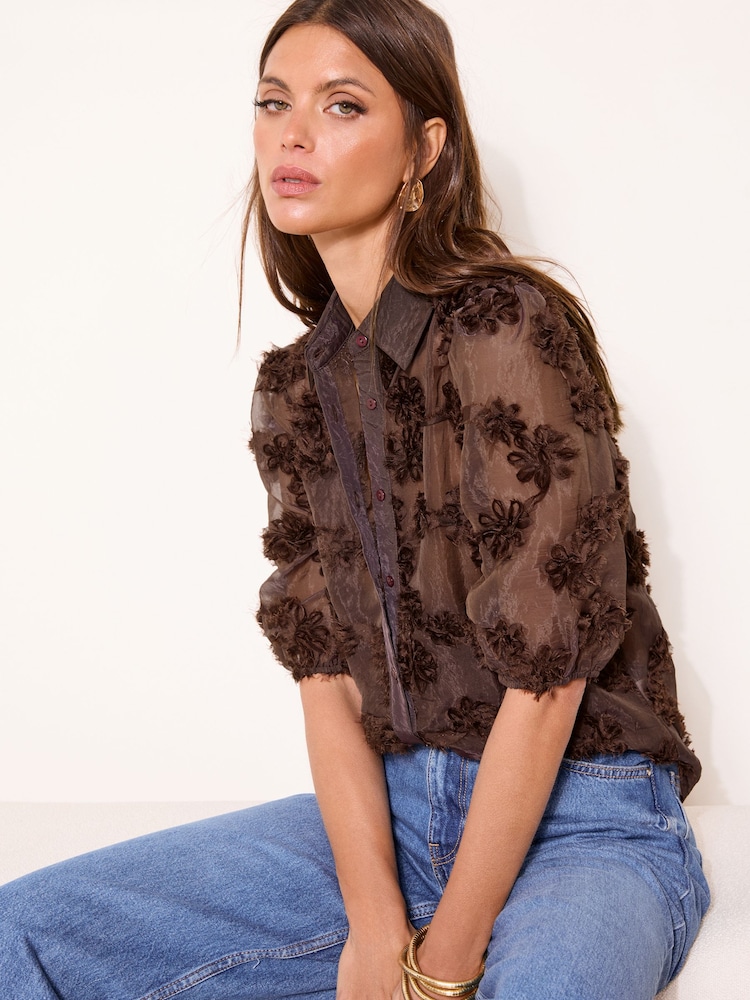 Lipsy Chocolate Brown 3D Fabric Floral Shirt - Image 1 of 4