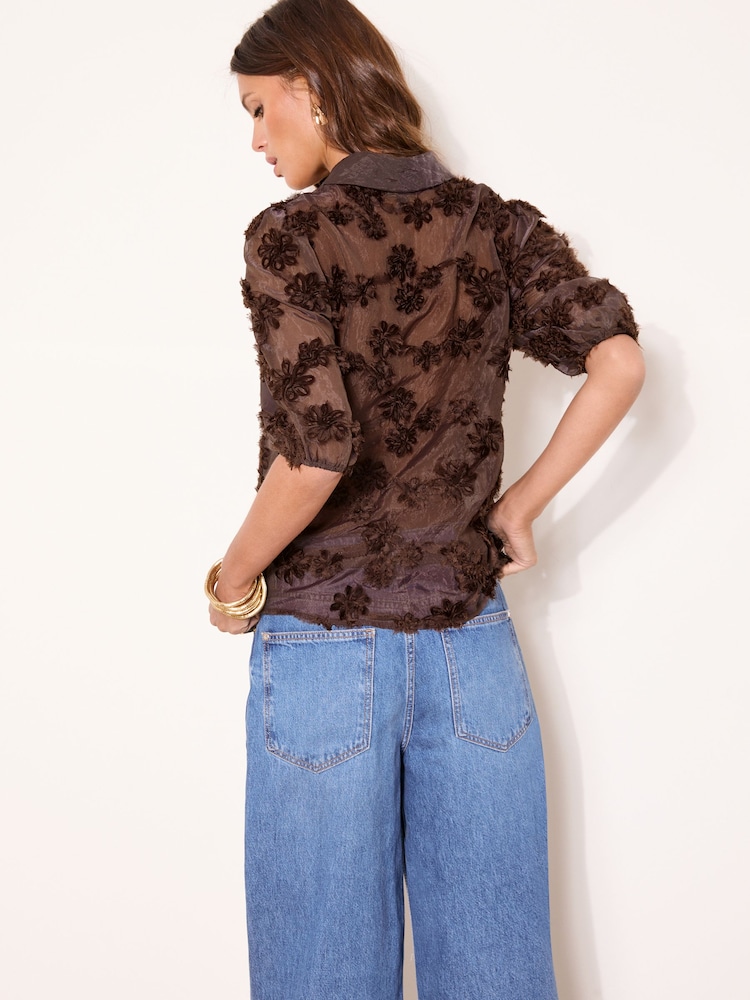 Lipsy Chocolate Brown 3D Fabric Floral Shirt - Image 2 of 4