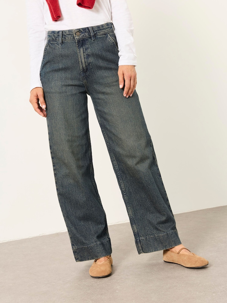 FatFace Hove Dark Teal Blue Wide Leg Crop Jeans - Image 1 of 8 FatFace Hove Dark Teal Blue Wide Leg Crop Jeans - Image 1 of 8