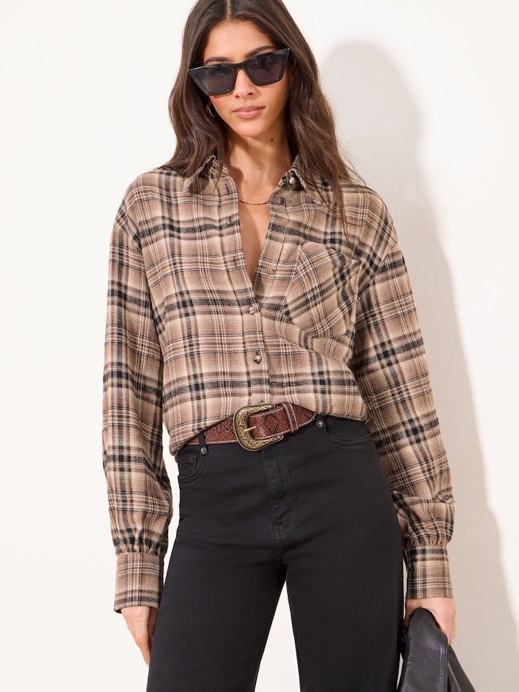 Lipsy Mink Brown Check Oversized Pocket Detail Shirt - Image 1 of 4