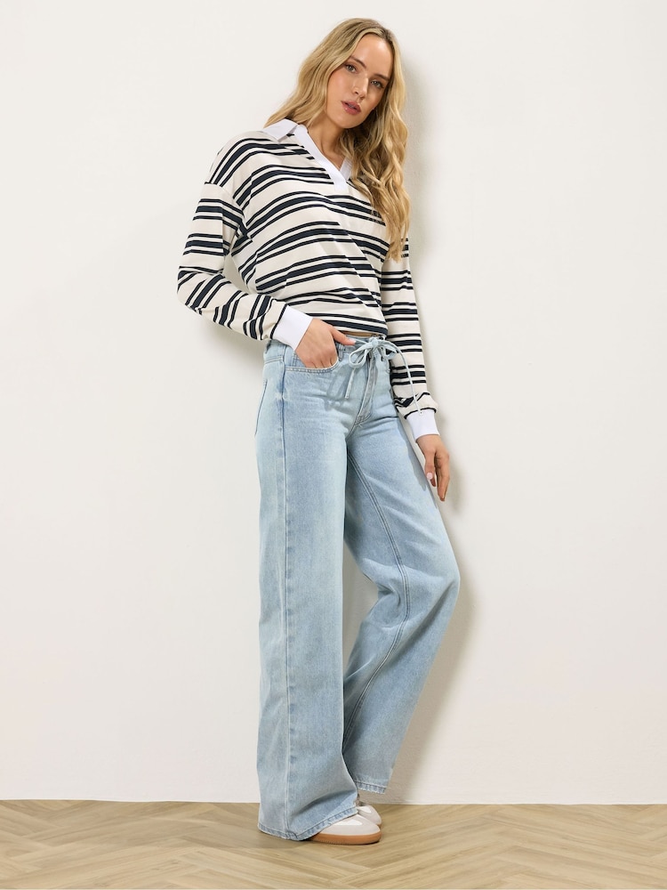 PixieGirl Petite Blue Light Wash Tie Waist Baggy Jeans - Image 1 of 5