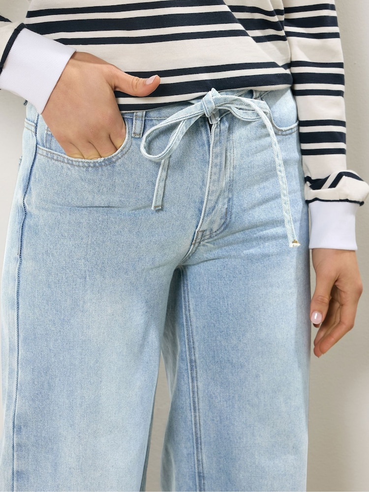 PixieGirl Petite Blue Light Wash Tie Waist Baggy Jeans - Image 2 of 5