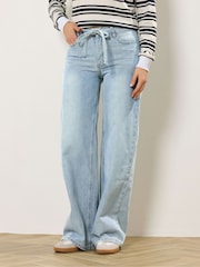 PixieGirl Petite Blue Light Wash Tie Waist Baggy Jeans - Image 3 of 5