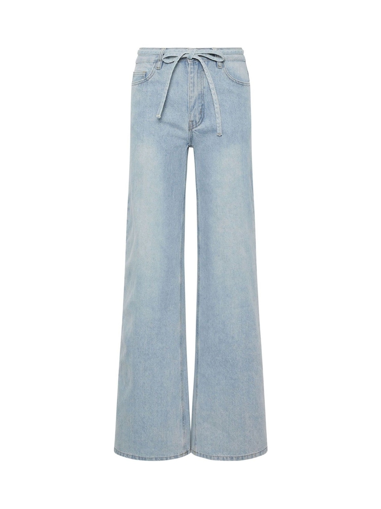 PixieGirl Petite Blue Light Wash Tie Waist Baggy Jeans - Image 5 of 5