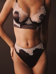 Brown/Pink Thong High Shine Satin & Lace Knickers - Image 2 of 8