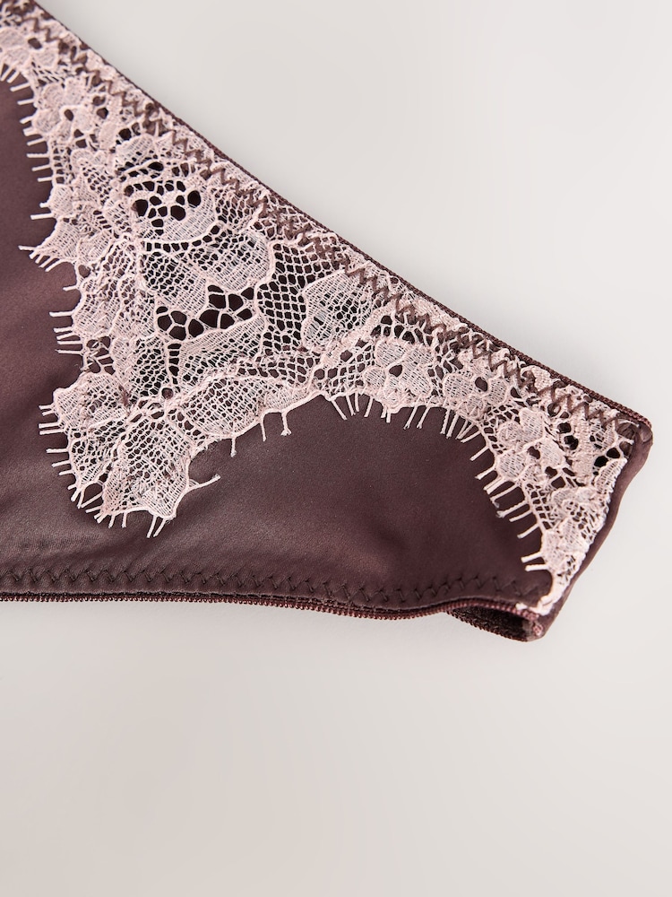 Brown/Pink Thong High Shine Satin & Lace Knickers - Image 8 of 8 Brown/Pink Thong High Shine Satin & Lace Knickers - Image 8 of 8