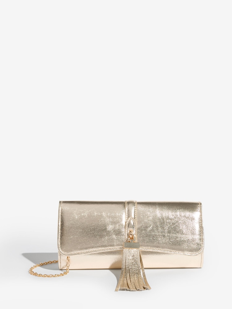 Lipsy Gold Tassel Trim Clutch Bag - Image 1 of 5