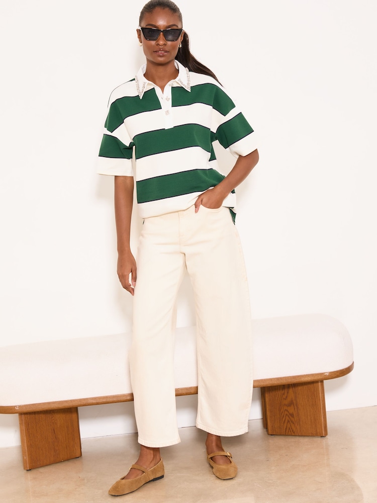 Lipsy Green & White Striped Embellished Collar Short Sleeve Rugby Polo Top - Image 2 of 4