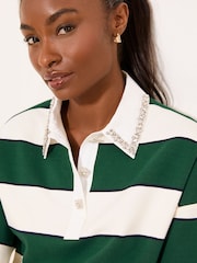 Lipsy Green & White Striped Embellished Collar Short Sleeve Rugby Polo Top - Image 4 of 4