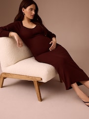 Burgundy Red Maternity Ribbed Knit Balloon Sleeve Midaxi Dress - Image 1 of 6