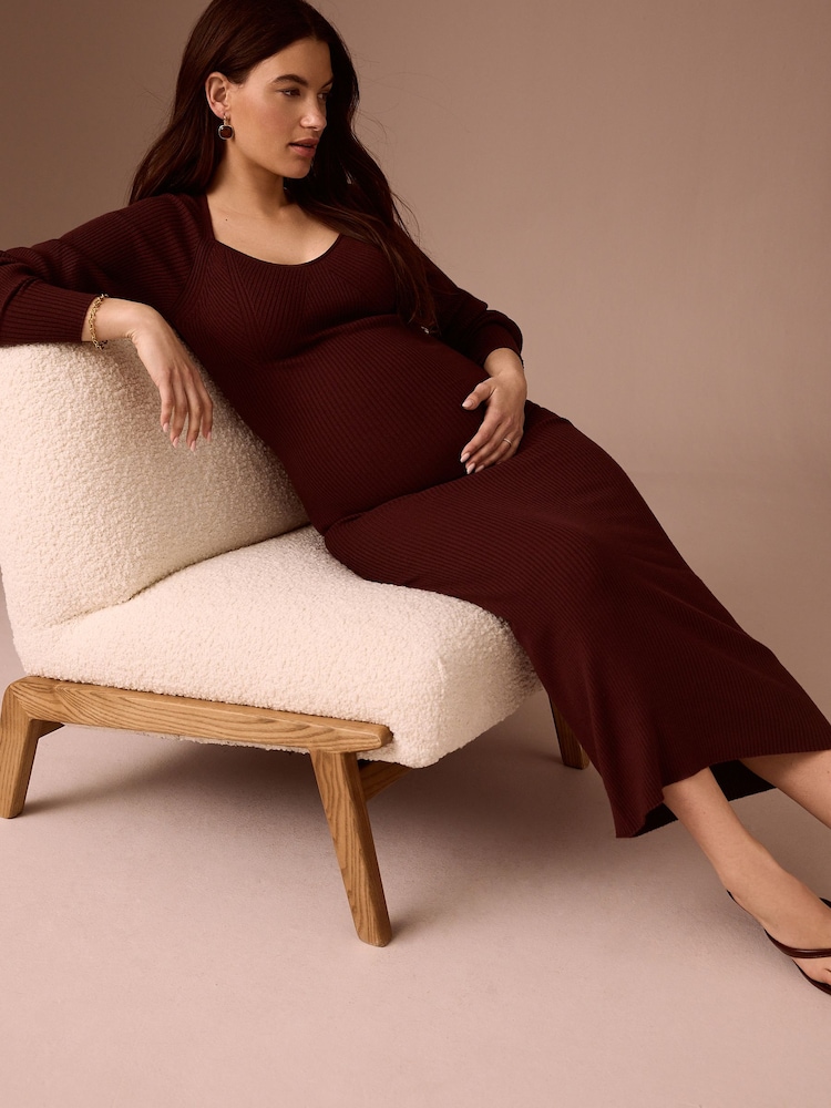 Burgundy Red Maternity Ribbed Knit Balloon Sleeve Midaxi Dress - Image 1 of 6 Burgundy Red Maternity Ribbed Knit Balloon Sleeve Midaxi Dress - Image 1 of 6