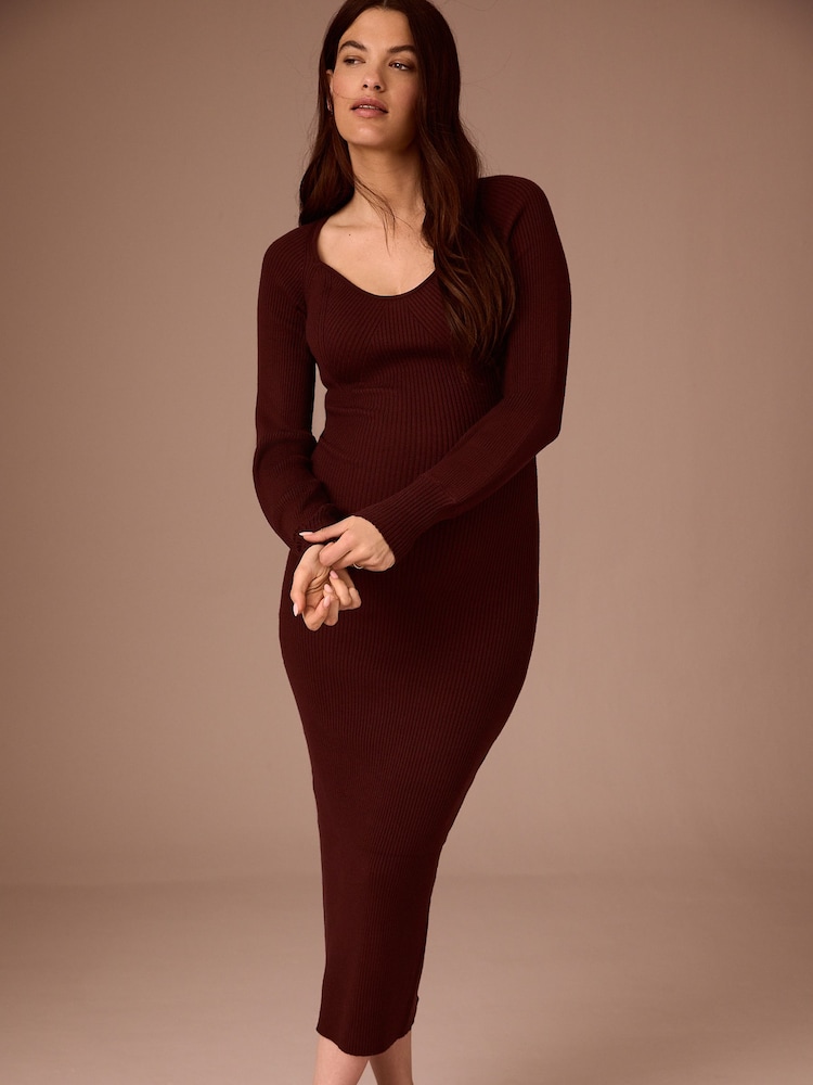Burgundy Red Maternity Ribbed Knit Balloon Sleeve Midaxi Dress - Image 2 of 6 Burgundy Red Maternity Ribbed Knit Balloon Sleeve Midaxi Dress - Image 2 of 6