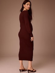 Burgundy Red Maternity Ribbed Knit Balloon Sleeve Midaxi Dress - Image 3 of 6
