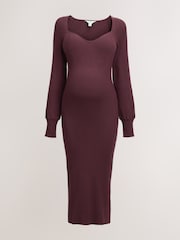 Burgundy Red Maternity Ribbed Knit Balloon Sleeve Midaxi Dress - Image 5 of 6