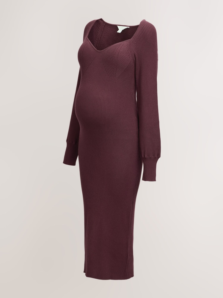 Burgundy Red Maternity Ribbed Knit Balloon Sleeve Midaxi Dress - Image 6 of 6 Burgundy Red Maternity Ribbed Knit Balloon Sleeve Midaxi Dress - Image 6 of 6