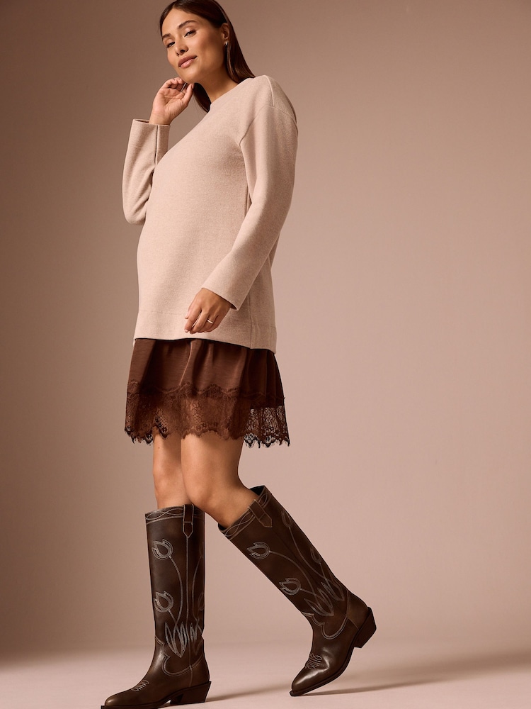 Taupe Brown Maternity 2-In-1 Mock Layer Dress - Image 1 of 4 Taupe Brown Maternity 2-In-1 Mock Layer Dress - Image 1 of 4
