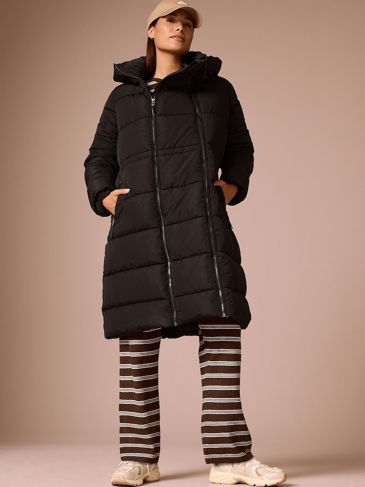 Black Maternity Shower Resistant Hooded Long Wadded Coat - Image 1 of 6 Black Maternity Shower Resistant Hooded Long Wadded Coat - Image 1 of 6