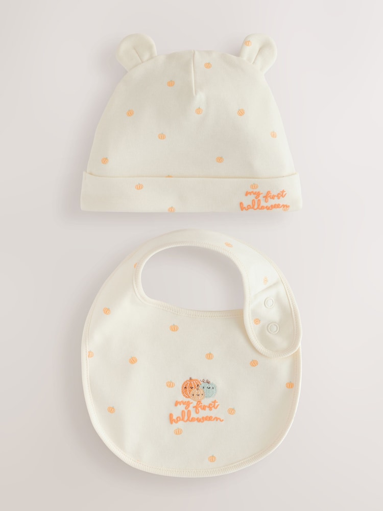 Neutral First Halloween 2 Piece Baby Beanie And Bib Set (0-12mths) - Image 1 of 6 Neutral First Halloween 2 Piece Baby Beanie And Bib Set (0-12mths) - Image 1 of 6