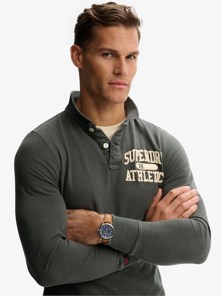 Superdry Grey Vintage Athletic Long Sleeve Polo Shirt - Image 1 of 4 Superdry Grey Vintage Athletic Long Sleeve Polo Shirt - Image 1 of 4