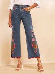 Love & Roses x RHS Mid Blue Floral Embroidered Straight Crop Jeans - Image 1 of 5