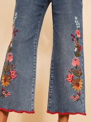 Love & Roses x RHS Mid Blue Floral Embroidered Straight Crop Jeans - Image 2 of 5
