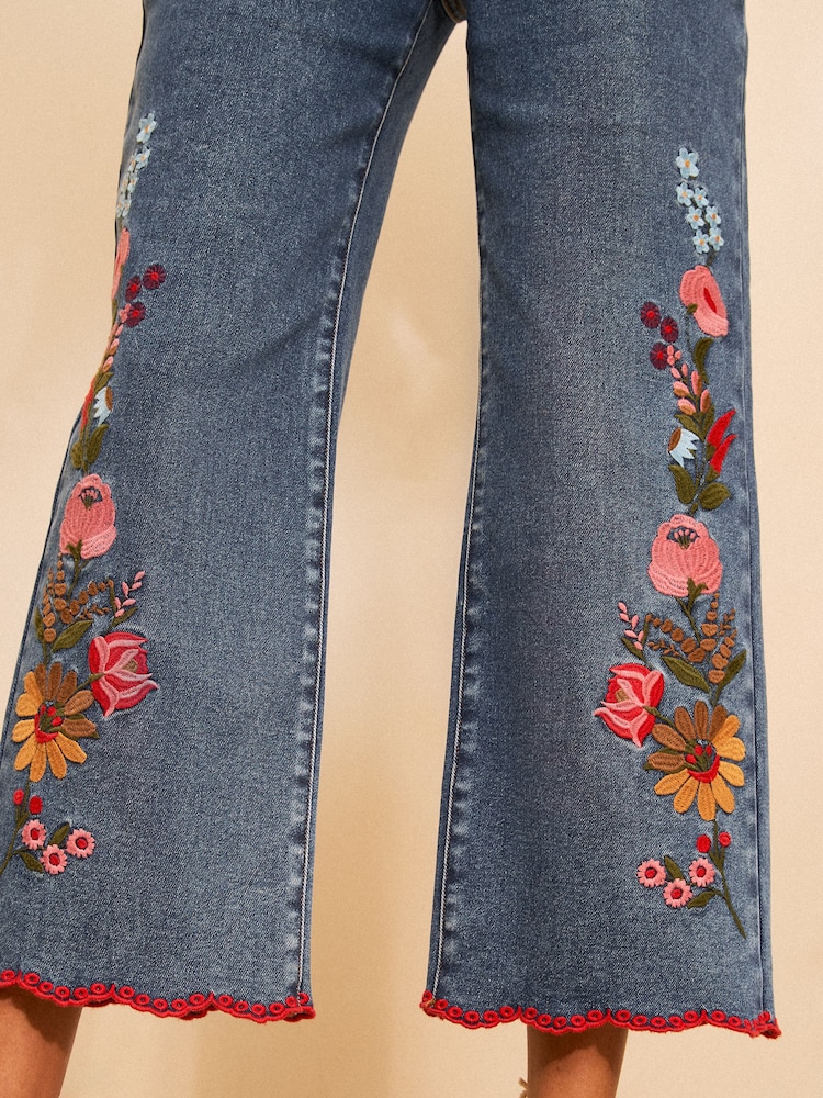 Love & Roses x RHS Mid Blue Floral Embroidered Straight Crop Jeans - Image 2 of 5 Love & Roses x RHS Mid Blue Floral Embroidered Straight Crop Jeans - Image 2 of 5
